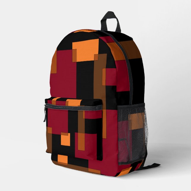 Geometrische Abstraktion Rotes Orangenbraun Schwar Bedruckter Rucksack (Rückseitige Ecke Rechts)