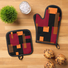Geometrische Abstraktion Rotes Orangenbraun Schwar Ofenhandschuh & Topflappen-Set