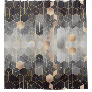 Geometrische Abstraktion von Hexagonen auf schwarz Duschvorhang