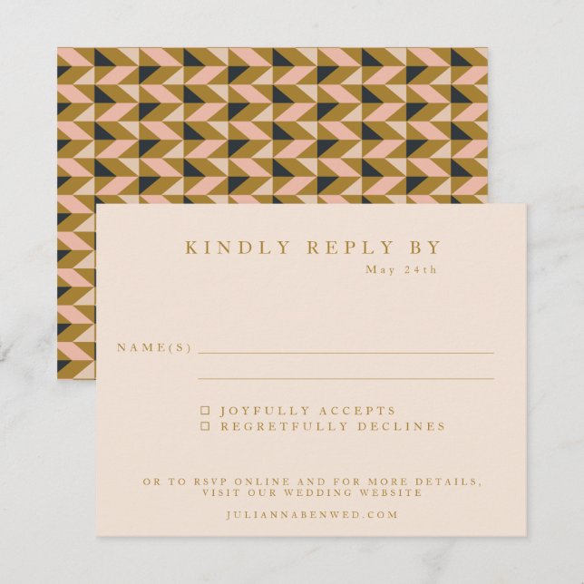 Geometrische Art Deco Black Gold Blush Wedding RSVP Karte (Vorne/Hinten)