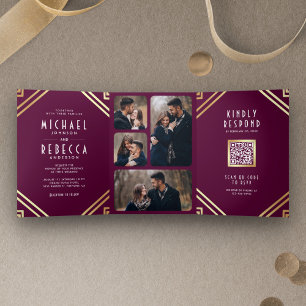 Geometrische Art Deco Pflaume Gold QR Code Hochzei Dreifach Gefaltete Einladung