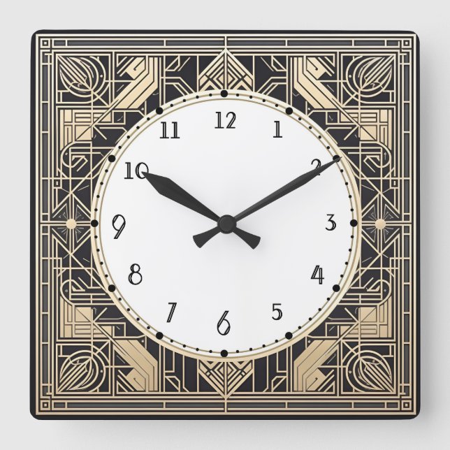 Geometrische Art Deco Uhr Schwarze Creme Gold Lini (Vorderseite)