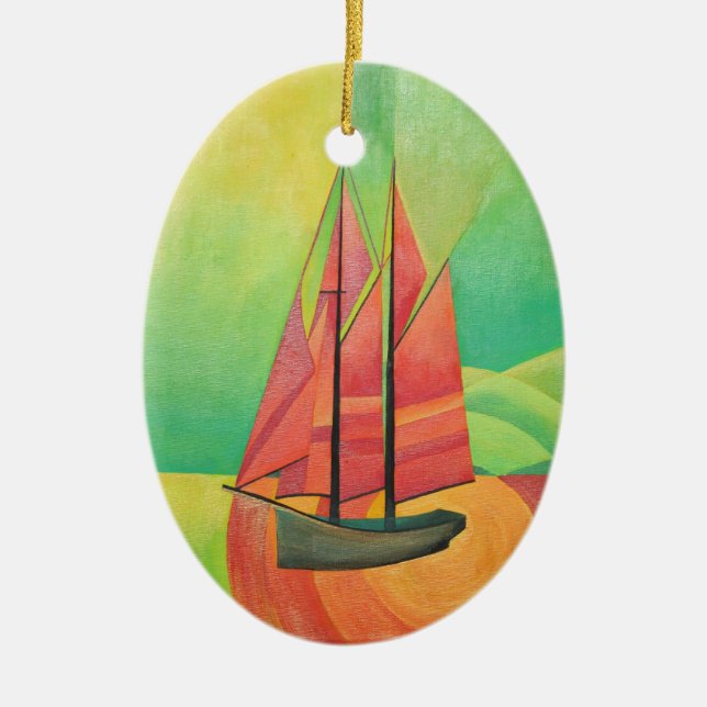 Geometrische Art des Abstrakten Segelbootes in Kub Keramik Ornament (Vorne)