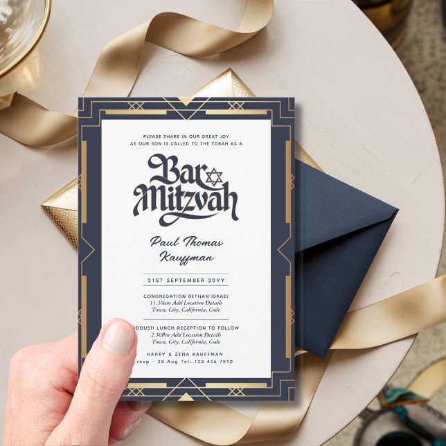 Geometrische BAR MITZVAH-Qualitäts-Navy-Gold-Moder Einladung (Von Creator hochgeladen)