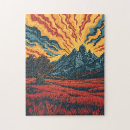 Geometrische Berggipfel und rotes Feld Grafik Kuns