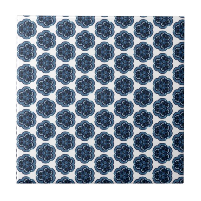 Geometrische blaue Blumen Fliese (Vorderseite)