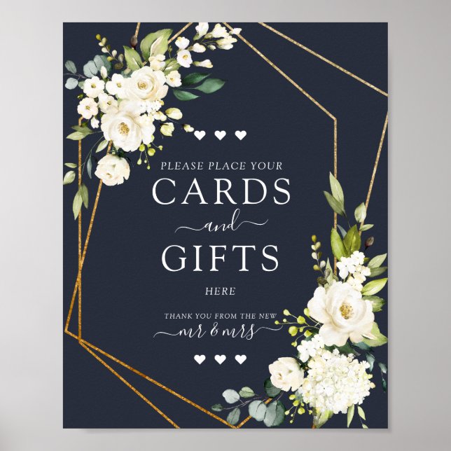 Geometrische blaue Blumenkarten und Geschenke aus  Poster (Vorne)