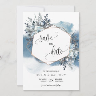geometrische blaue Wasserfarbe und blaue Foliage Save The Date