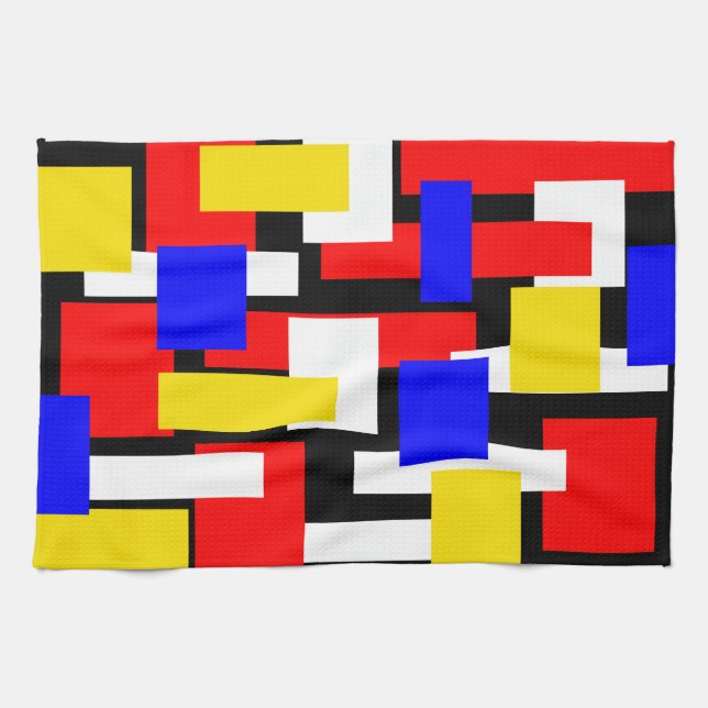 Geometrische Blöcke rot, gelb, schwarz und blau Geschirrtuch (Horizontal)