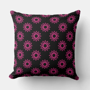 Geometrische Blume 01 - Heiß rosa auf Schwarz Kissen
