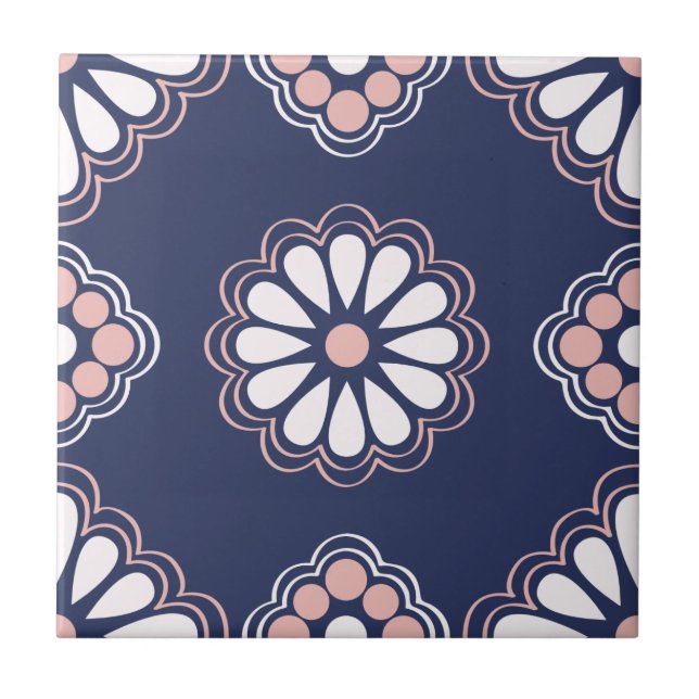 Geometrische Blume Blau, Weiß und Rosa Fliese (Vorderseite)