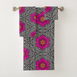 Geometrische Blume - Fuchsienrosa und Grau Badhandtuch Set