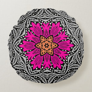 Geometrische Blume - Fuchsienrosa und Grau Rundes Kissen