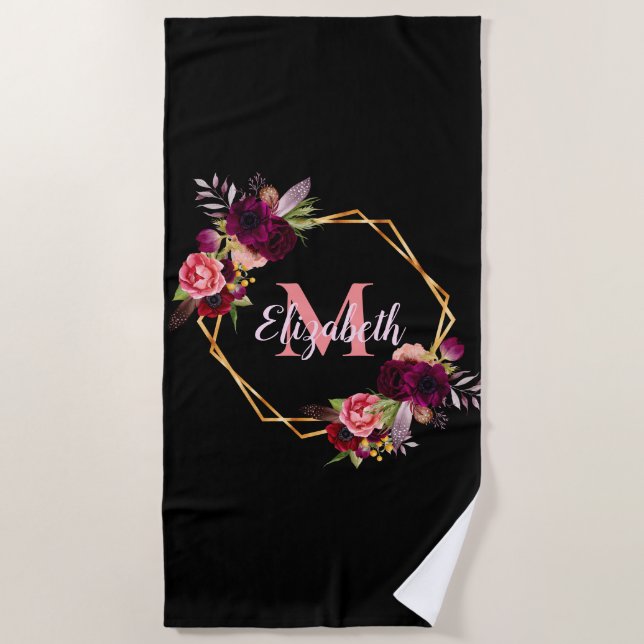 Geometrische Blume für Schwarzweiß-Monogramm Strandtuch (Vorderseite)