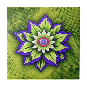 Geometrische Blume mit lila und grünen Blütenblätt Fliese