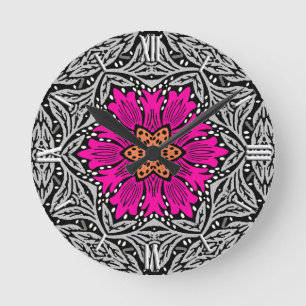 Geometrische Blumen - Fuchsienrosa und Grau   Runde Wanduhr