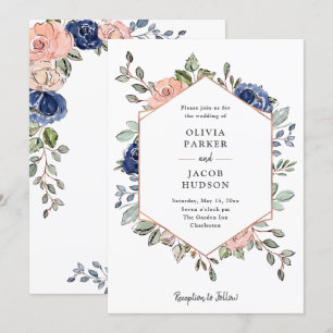 Geometrische Blush- und Navy-Floral  Hochzeit Einladung
