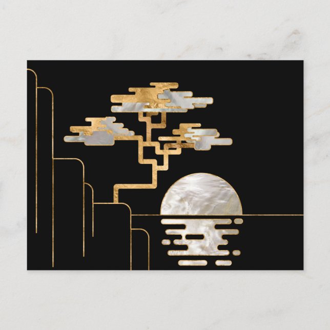 Geometrische Bonsai und Mond-Perle und Gold Postkarte (Vorderseite)