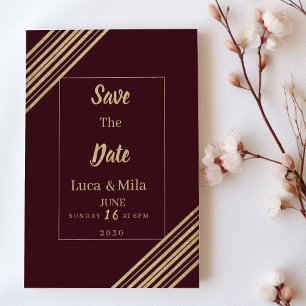Geometrische bordeaux-goldene Typo Save the Date Einladung