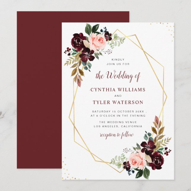 geometrische Bordeaux- und Blütenhochzeit Einladung (Vorne/Hinten)