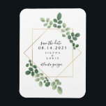 Geometrische botanische Hochzeit speichert das Dat Magnet<br><div class="desc">Eine elegante rustikale Hochzeit bewahrt den Dattelmagneten mit einem botanisch inspirierten botanischen Gründesign um einen geometrischen Rahmen mit schwarzem Text. Suchen Sie nach passenden Hochzeitseinladungen und anderen passenden Gegenständen in Jill's Paperie.</div>