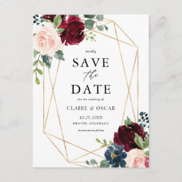 Geometrische Burgundy-Blume Save the Date Ankündigungspostkarte