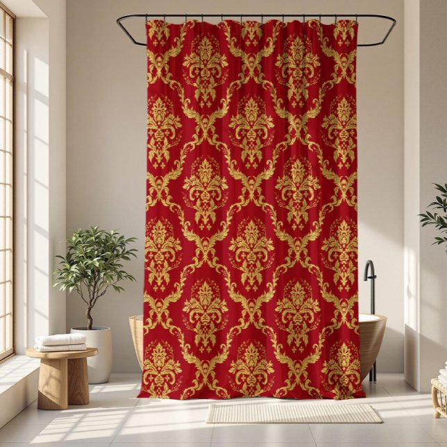 Geometrische Burgundy- und Goldfloral-Damasken Duschvorhang (Von Creator hochgeladen)