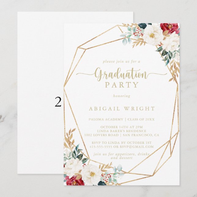 Geometrische Classic Gold Floral Graduation Party Einladung (Vorne/Hinten)