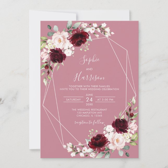 Geometrische Dusty-Rose Burgundy Blush Floral Wedd Einladung (Vorderseite)