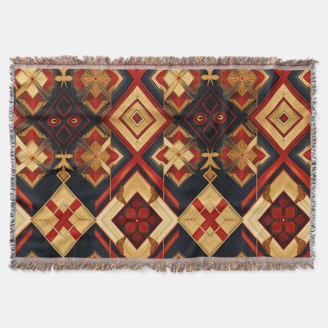 Geometrische Eleganz Nahtloses Muster Red Gold Bla Decke (Vorderseite)