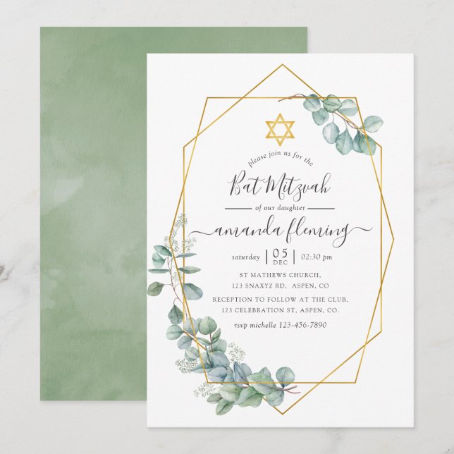 Geometrische Eukalyptus Bat Mitzvah Einladung (Vorne/Hinten)