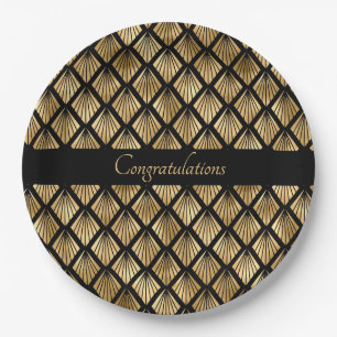 Geometrische Fans des eleganten Goldes und Black A Pappteller