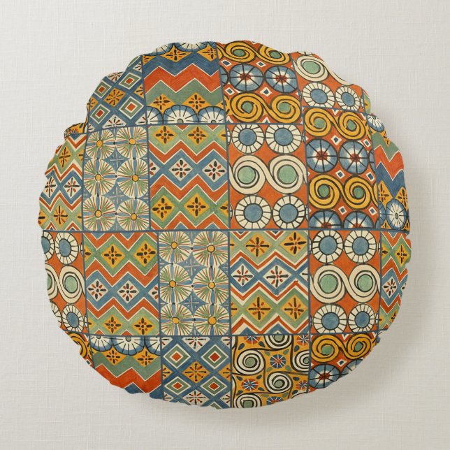 Geometrische farbenfrohe antike ägyptische Grafik Rundes Kissen (Vorderseite)