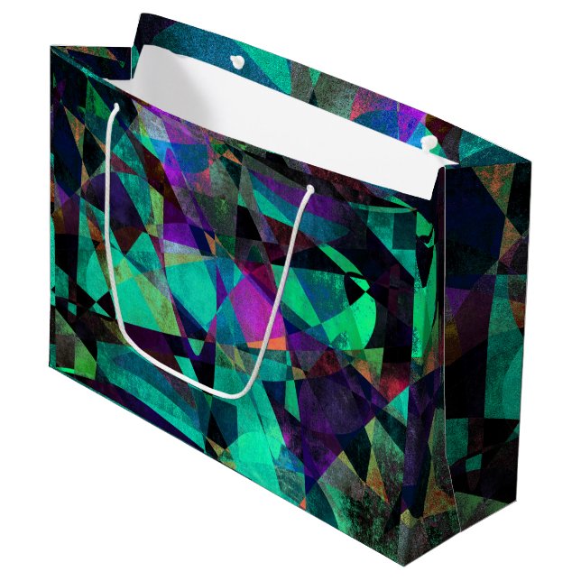 Geometrische, farbenfrohe, grungenhafte Abstrakte  Große Geschenktüte (Vorderseite Schrägansicht)