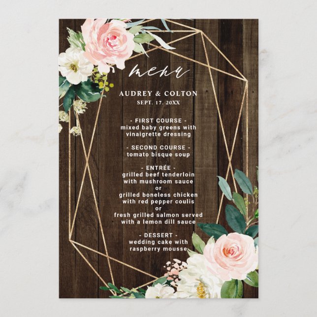 Geometrische, florale Hochzeit aus Holz Menükarte (Vorderseite)