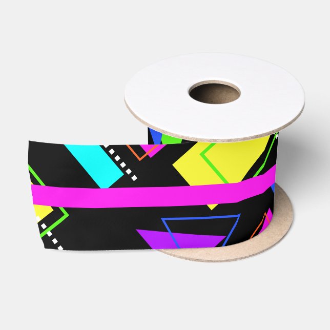 GEOMETRISCHE FORMEN GEMUSTERT NEON RETRO 80'S FASH SATINBAND (Spule)
