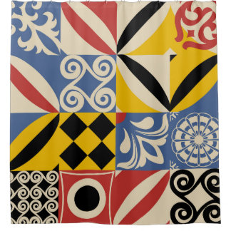 geometrische Formen im Retro: Azulejos-Fliesen. Duschvorhang