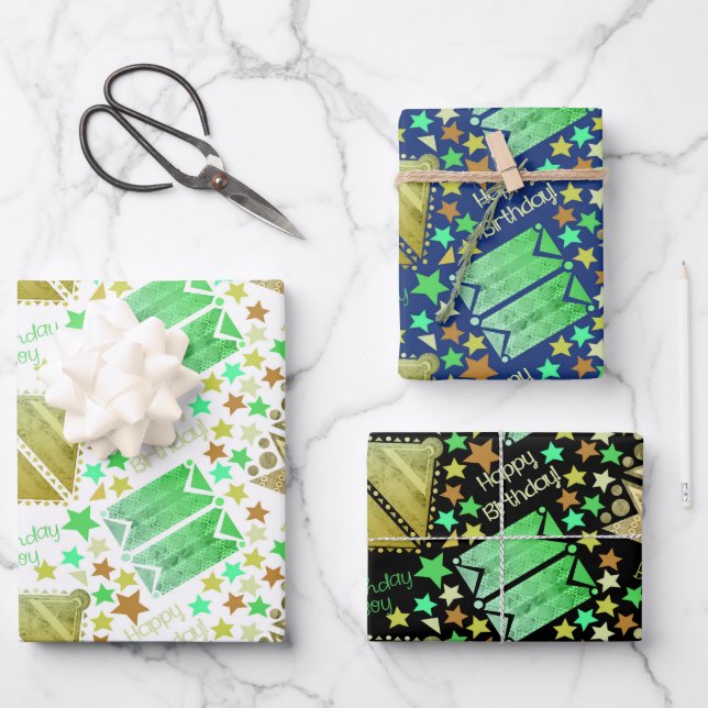 Geometrische Formen Weiß Blau Schwarz Geschenkpapier Set (Vorderseite)