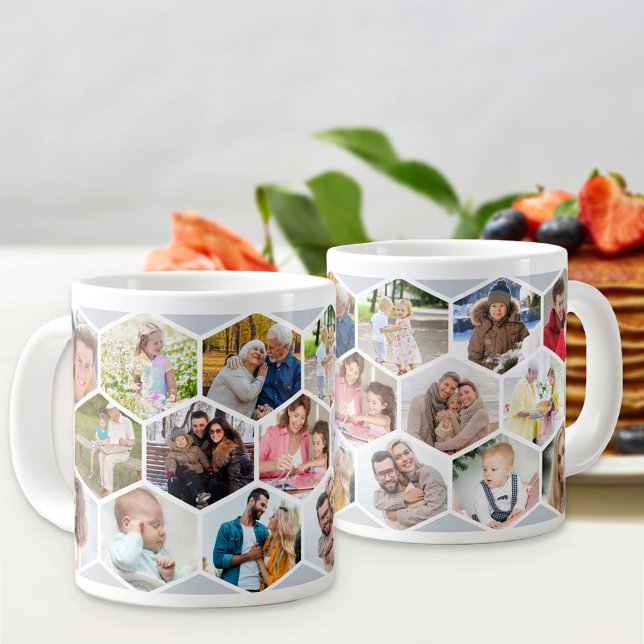 Geometrische FotoCollage 17 Picture Silver Gray Jumbo-Tasse (Jumbo photo mug with 17 of your favorite pics and silver grey hexagon honeycomb pattern)