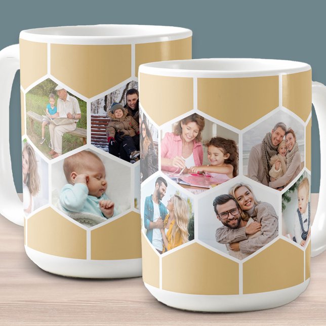 Geometrische FotoCollage 9 Abbildung 15oz Kaffeetasse (Honeycomb geometric hexagon shape photo mug with 9 pictures in honey beige)