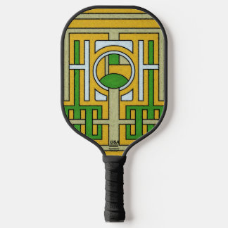 Geometrische gelbe und grüne abstrakte Labyrinthge Pickleball Schläger