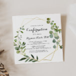 Geometrische Gold-Tropenkalligrafie-Bestätigung Einladung<br><div class="desc">Diese geometrische goldene Tropenkalligrafie-Einladung ist perfekt für ein einfaches religiöses Ereignis. Das Design besticht durch handbemalte grüne Blätter,  die einen goldenen geometrischen Rahmen schmücken.</div>