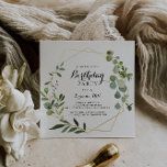 Geometrische Gold Tropical Calligraphy Geburtstags Einladung<br><div class="desc">Diese geometrische goldene Tropenkalligrafie-Geburtstagsfeier lädt zu einem modernen Geburtstagsfest ein. Das Design besticht durch handbemalte grüne Blätter,  die einen goldenen geometrischen Rahmen schmücken.</div>