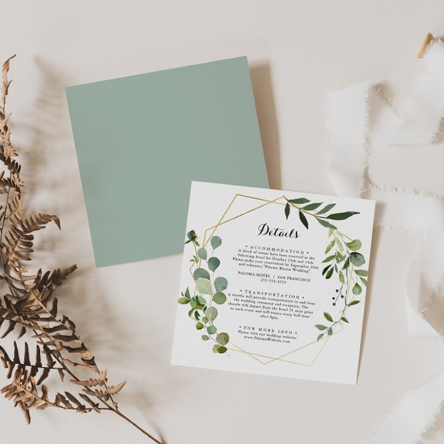 Geometrische Gold Tropical Green Wedding Details Begleitkarte (Von Creator hochgeladen)