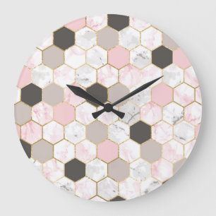 Geometrische Goldfolie, Marmorhexagonmuster. Große Wanduhr