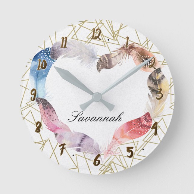 Geometrische Goldform u. Boho Runde Wanduhr (Vorderseite)