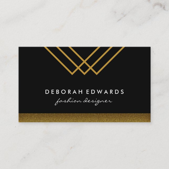 Geometrische Goldlinien mit Schwarz und Gold Trimm Visitenkarte (Vorderseite)