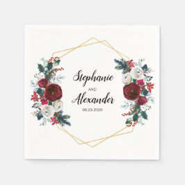 Geometrische Goldrahmen Burgundy Winter-Blume Serviette