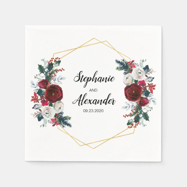 Geometrische Goldrahmen Burgundy Winter-Blume Serviette (Vorderseite)