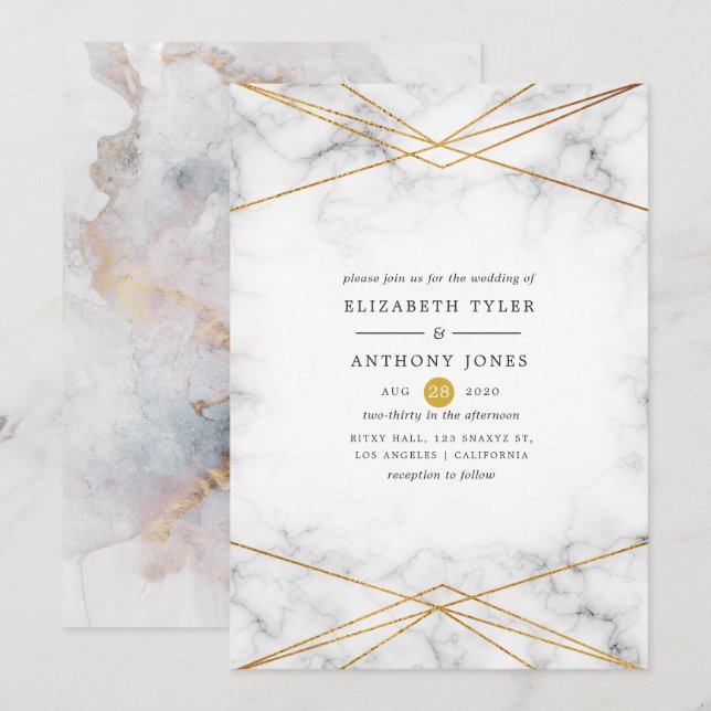 Geometrische Hochzeit aus Gold Marble Einladung (Vorne/Hinten)